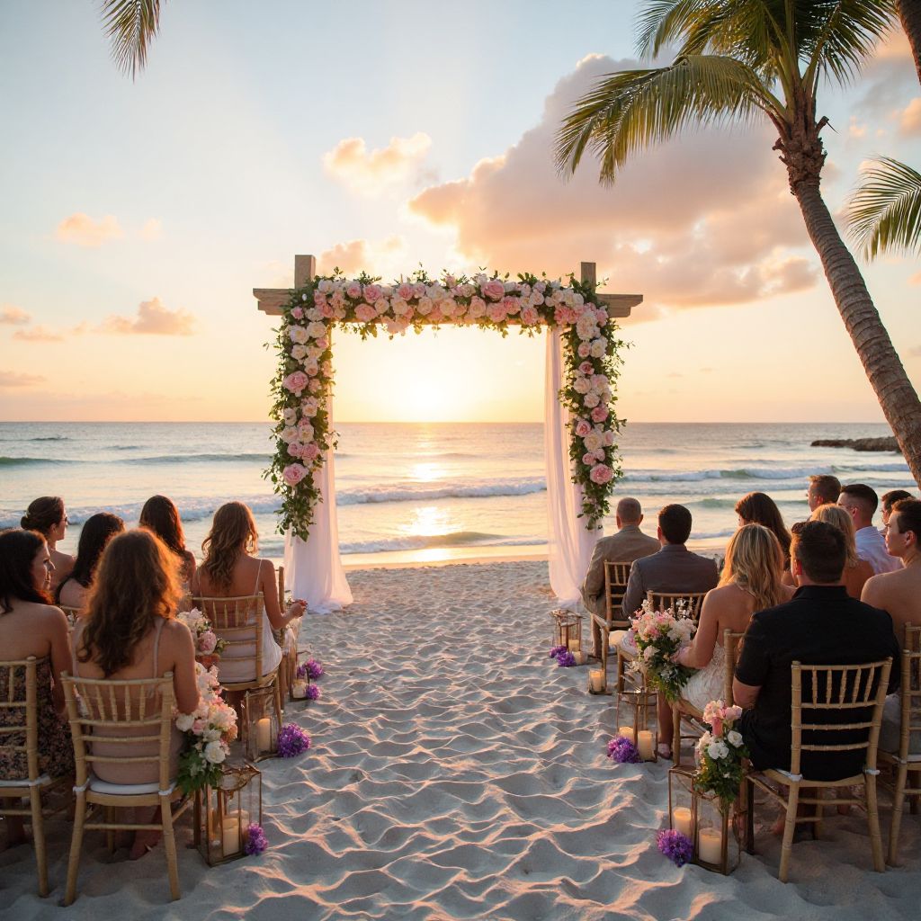 Elegant beach wedding setup with flowing white fabrics